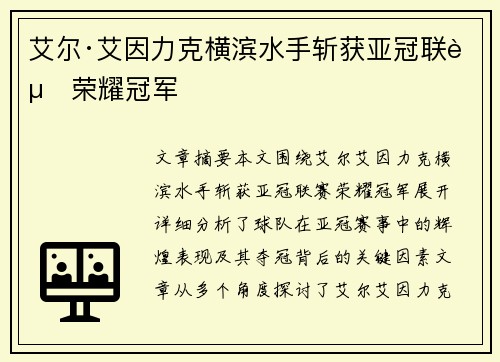 艾尔·艾因力克横滨水手斩获亚冠联赛荣耀冠军