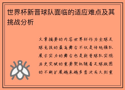 世界杯新晋球队面临的适应难点及其挑战分析